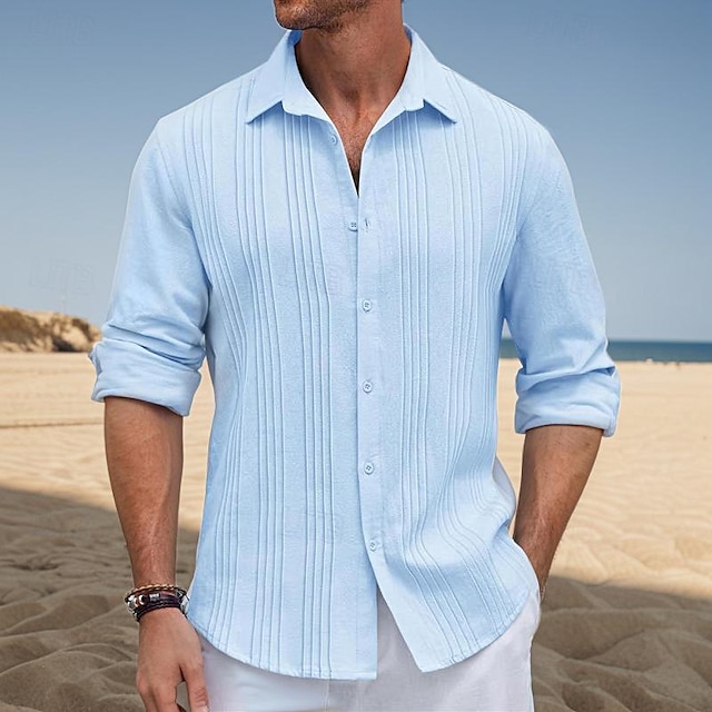  Men's Shirt Summer Shirt Casual Shirt Beach Shirt Button Up Shirt Black White Navy Blue Blue khaki Long Sleeve Plain Turndown Vacation Holiday Button-Down Clothing Apparel Polyester Fashion Casual