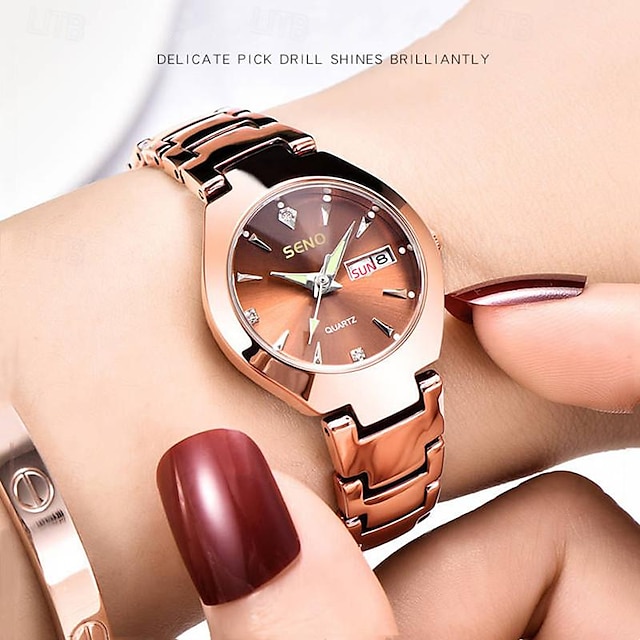  New Seno Brand Women'S Stainless Steel Watch Decorative Calendar Week Display Quartz Watch Double Calendar Waterproof Leisure Ladies Wristwatch