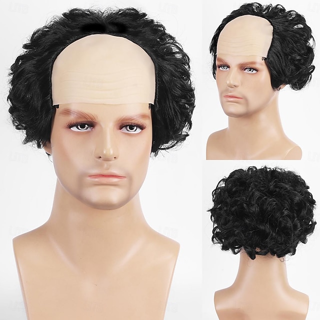  Korte Bruine Oude Mannen Pruik Fluffy Kale Hoofdpruik Synthetische Cosplay Pruiken Halloween Pruiken