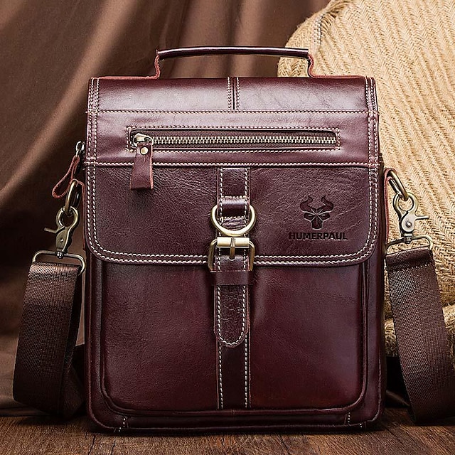  Men's Crossbody Bag Shoulder Bag Messenger Bag Nappa Leather Cowhide Daily Zipper Solid Color Light Brown Brown