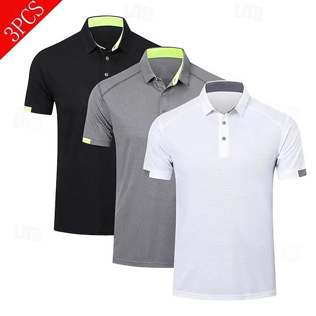  Multi Packs 3pcs Men's Lapel Short Sleeves Black+white+grey Polo Button Up Polos Golf Shirt Color Block Daily Wear Vacation Polyester Spring & Summer
