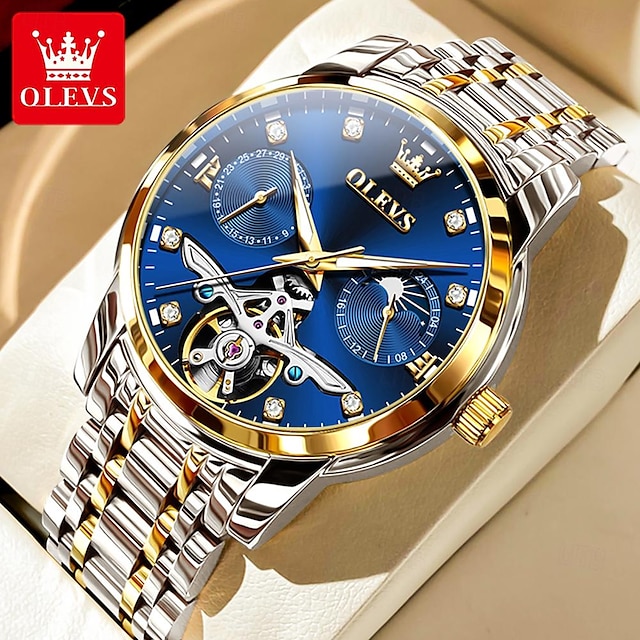  OLEVS Men Mechanical Watch Fashion Casual Wristwatch Automatic Self-winding Tourbillon Moon phase Luminous Steel Watch