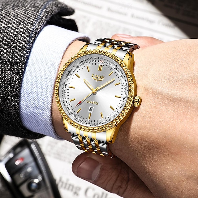  LIGE 男性 クォーツ ダイアモンド 贅沢 大きめ文字盤 ビジネス カレンダー デート 亜鉛合金 腕時計
