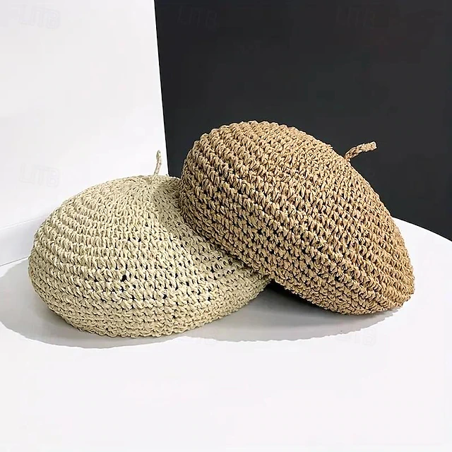 Straw Crochet Thin Beret Hats Solid Color Casual Painter Cap Lightweight Breathable Berets For Women Girls Spring & Summer 7