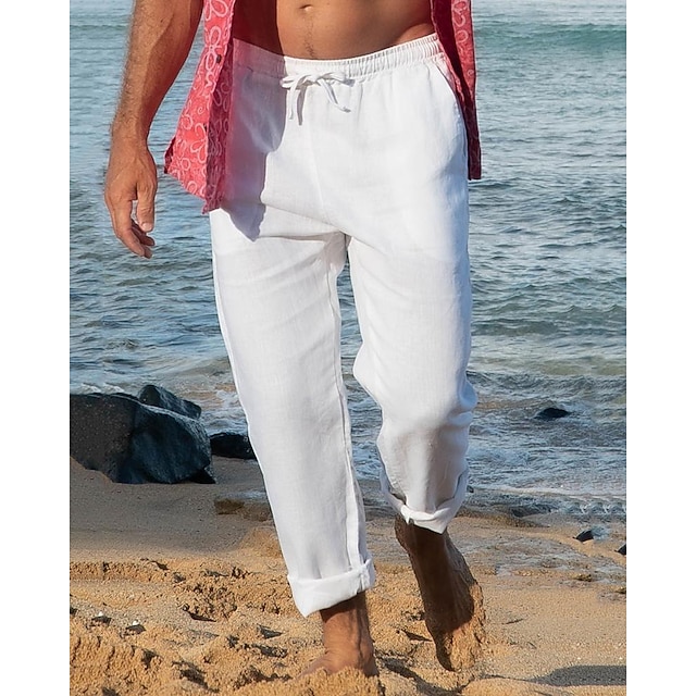  Ανδρικά Λευκά παντελόνια Παντελόνια Καλοκαίρι παντελόνι Παντελόνι παραλίας Τσέπη Κορδόνι Ελαστική μέση Σκέτο Άνεση Αναπνέει Καθημερινά Αργίες Διακοπές Χαβανέζα Μπόχο Λευκό