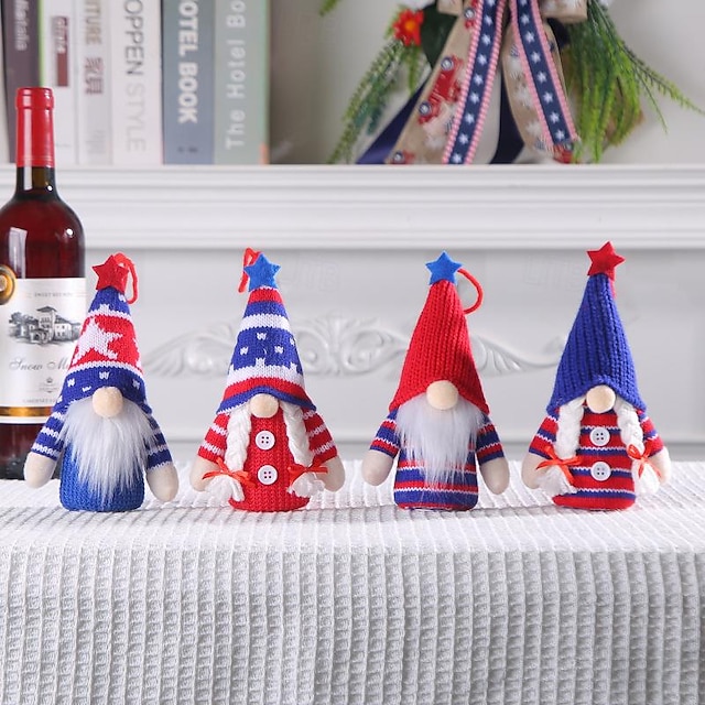  amerykański dzień niepodległości& Czwarty lipca miniozdoba dla lalki z dzianiny w kapeluszu z pięcioramienną gwiazdą LED, karzełkiem na dzień pamięci/czwarty lipca
