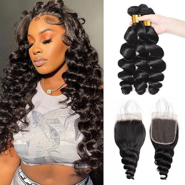  Loose Wave Human Hair Bundles With Closure Frontal HD lace Brazilian Hair Weave Extension 3/4 Bundles Hair Bundles With Closure