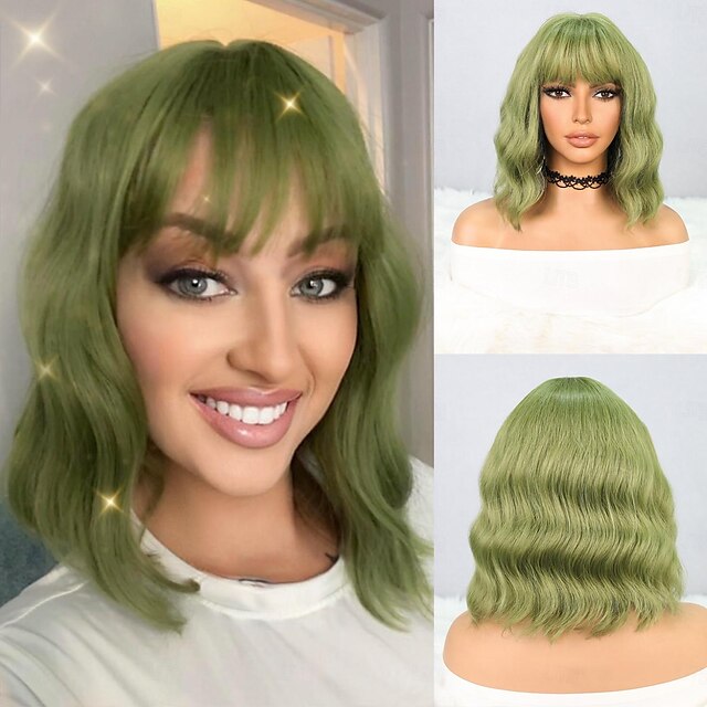  Perucas sintéticas Onda Natural Prumo Franja Lisa Peruca 12 polegadas Verde Mentol Cabelo Sintético Mulheres Verde