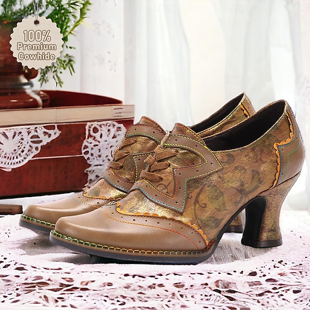  Women's Heels Pumps Handmade Shoes Vintage Shoes Wedding Party Floral Kitten Heel Round Toe Elegant Vintage Premium Leather Lace-up Brown