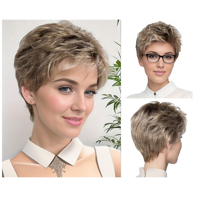  Blonde Short Wig with Bangs Layered Blonde Mix Brown Wigs for White Women Ash Blonde Wig with Dark Roots Short Hair Wigs for Women Synthetic Natural Looking Wig for Daily