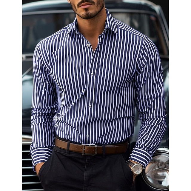  男性用 シャツ ボタンアップシャツ カジュアルシャツ ブラック ルビーレッド ブルー 長袖 縞 カラー 日常 バケーション 衣類 ファッション カジュアル