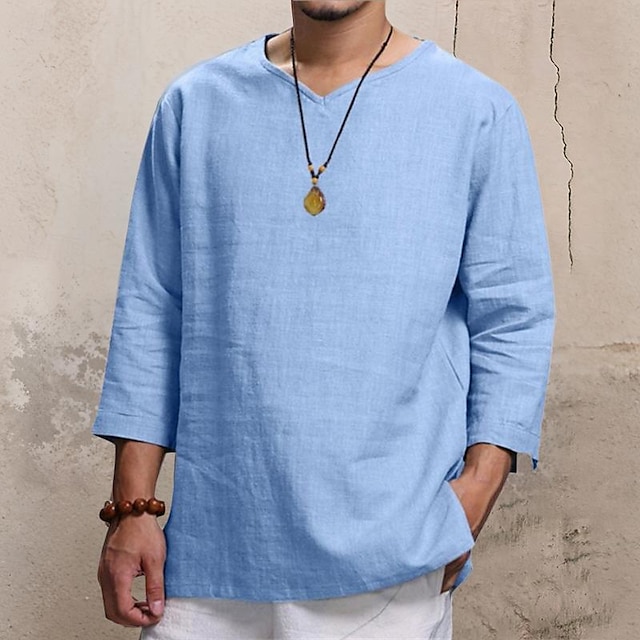  Men's Shirt Summer Shirt Casual Shirt Beach Shirt Black Navy Blue khaki Beige Light Blue Long Sleeve Plain V Neck Holiday Vacation Clothing Apparel Fashion Casual Comfortable