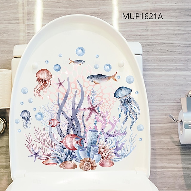  Watercolor Creative Toilet Sticker Marine Tropical Fish Coral Sea Star Seagrass Jellyfish Whale Toilet Removable Bathroom Home Background Decorative Wall Sticker