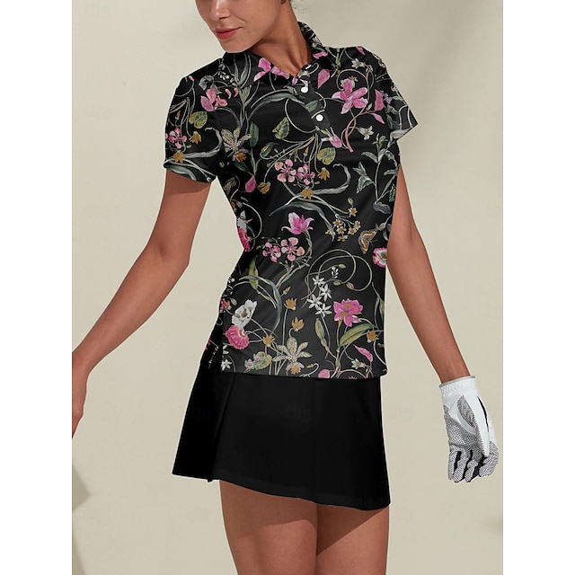  Per donna POLO Nero Manica corta Superiore Floreale Abbigliamento da golf da donna Abbigliamento Abiti Abbigliamento