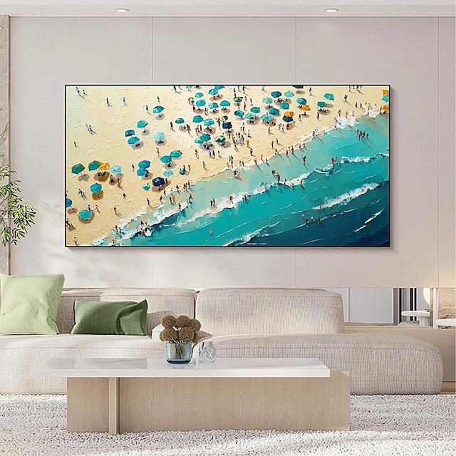 pintura a óleo de praia grande sobre tela pintada à mão abstrata azul paisagem marinha pintura de textura arte de parede pintura personalizada para sala de estar decoração de parede de quarto