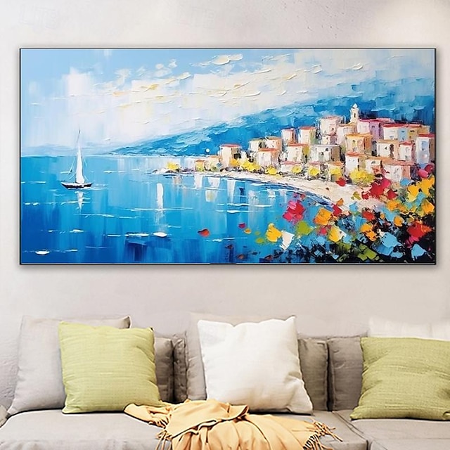  velká středomořská krajina olejomalba na plátně impresionistická středomořsko-mořská plátna umění texturované pobřežní nástěnné umění pro domácí výzdobu obývacího pokoje