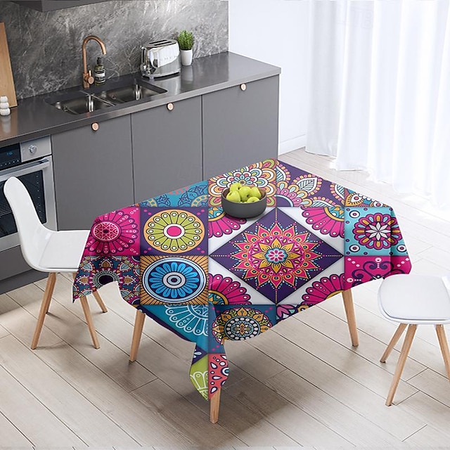  Mandala estilo boho toalha de mesa à prova d'água retangular colorido padrão geométrico toalha de mesa indiana étnica decoração de festa de feriado boêmia toalha de mesa redonda mesa de decoração de