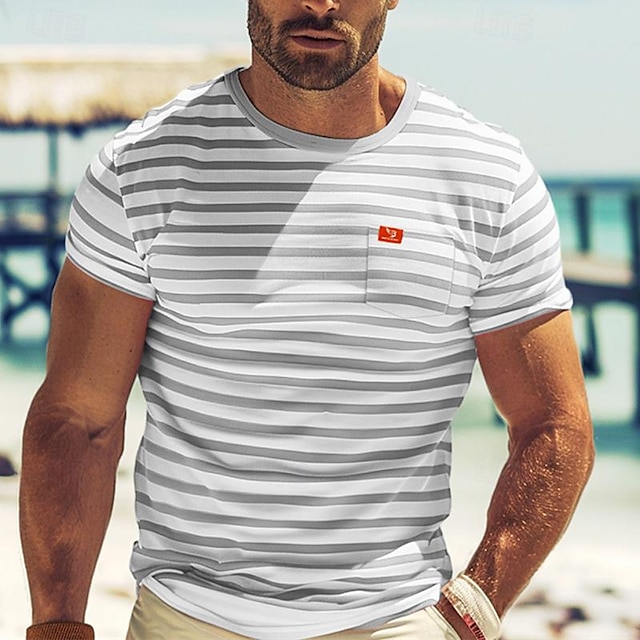  Homens Camiseta T-shirt Manga Curta Gola Redonda Verão Listrado Moda Designer Básico Bolso frontal Férias Rua Para Noite Preto Vermelho Azul Marinha Top Tee para Homens