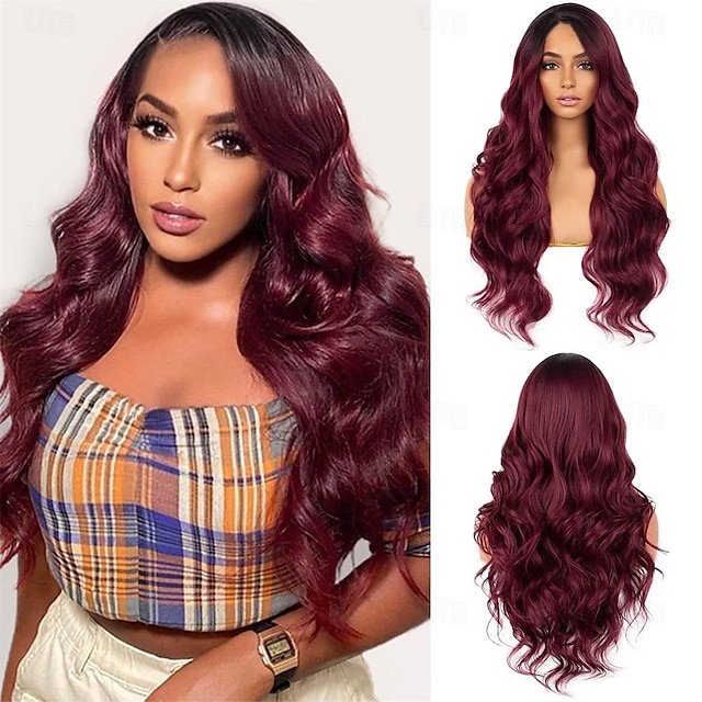  Wigs for Women 26inch Long Ombre Wine Red Center Parting Wavy Wigs for WomenBig Bouncy Fluffy Heat Resistant Synthetic Fiber WigsIdeal for Everyday and Parties