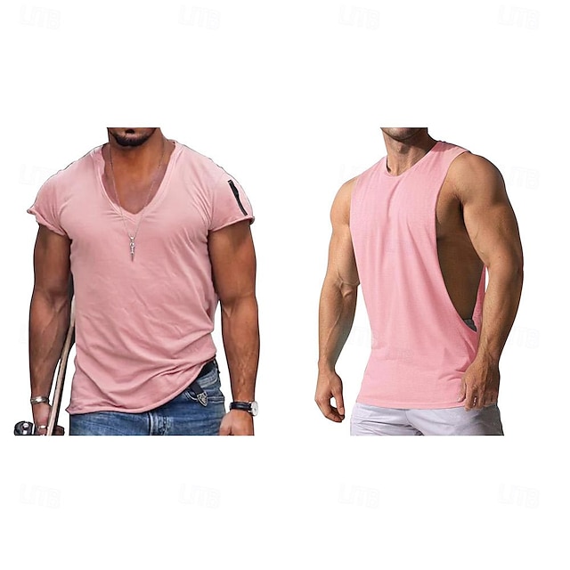  Homens Conjuntos correspondentes Rosa Camiseta Malha Íntima Top de colete Conjuntos Manga Curta Decote V Férias Para Noite Tecido Básico Poliéster Verão