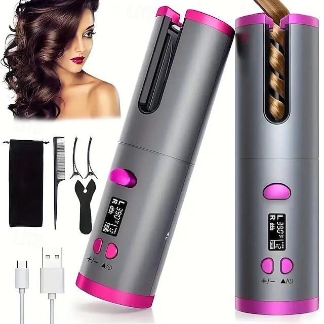  Cordless Automatic Curling Iron - USB Rechargeable Anti-Tangle Ceramic Cylinder Quick Heating 5-Level Temperature Control - Perfect For Long Hair Includes Gift Box