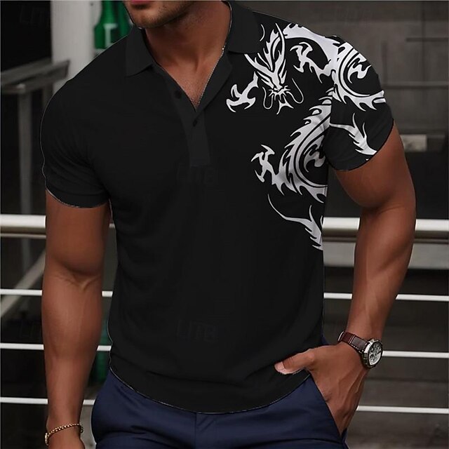 Men's Dragon Polo Shirts Golf Shirt Short Sleeve Polo Shirts Collared Shirts Casual Funny Streetwear Vacation Wear Party Outfits Buttons 3D Print Summer Black3