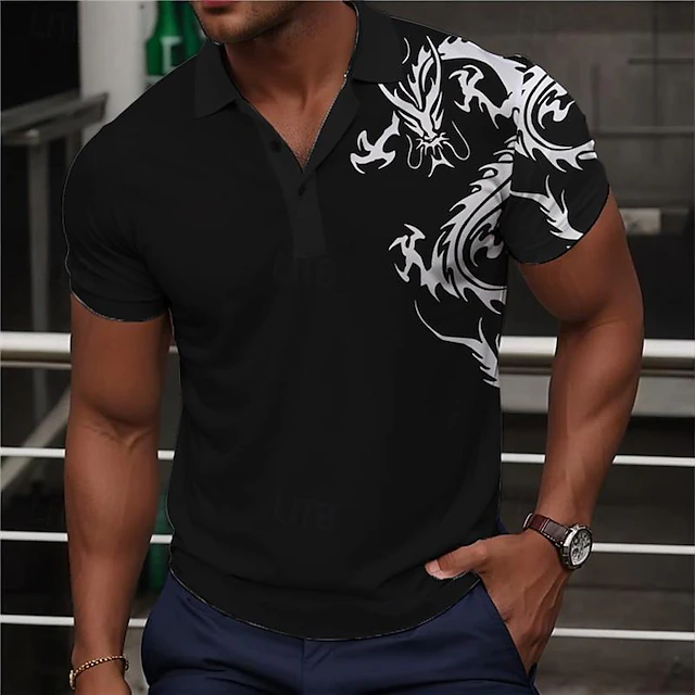 Men's Dragon Polo Shirts Golf Shirt Short Sleeve Polo Shirts Collared Shirts Casual Funny Streetwear Vacation Wear Party Outfits Buttons 3D Print Summer Black3