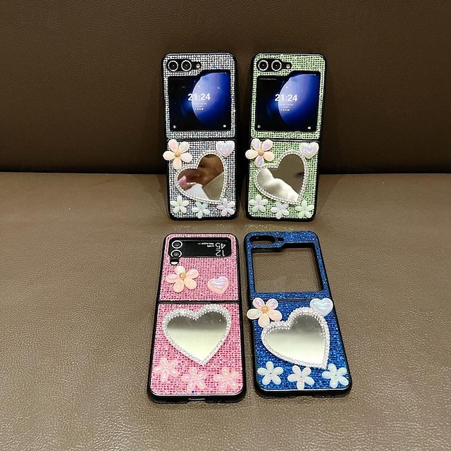  Phone Case For Samsung Galaxy Z Flip 5 Z Flip 4 Z Flip 3 for Women Girl Mirror Bling Glitter Shiny Shockproof Flower Floral TPU Rhinestone