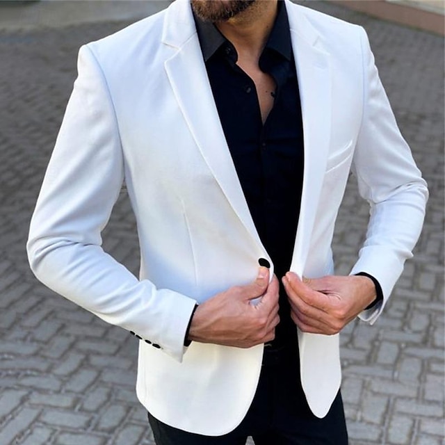  Men's Cocktail Attire Blazer Business Cocktail Party Wedding Party Fashion Casual Spring &  Fall Polyester Plain Button Pocket Casual / Daily Single Breasted Blazer White khaki