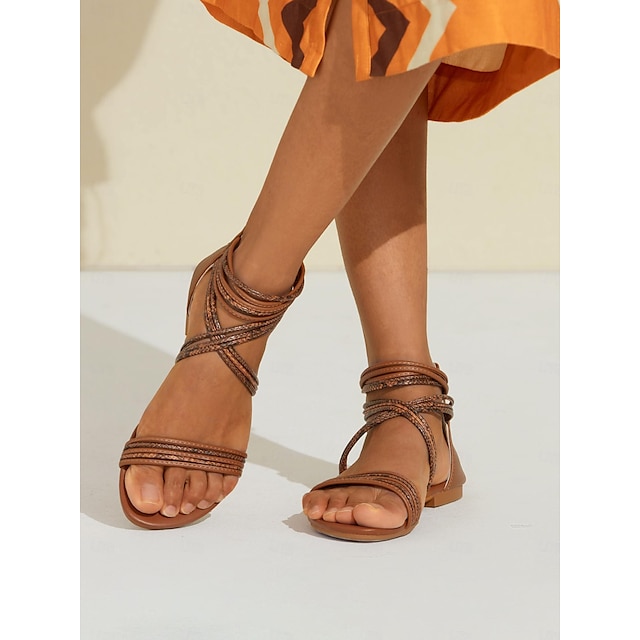  Women's Boho Beach Braided Strap Flat Sandals in Tan | Stylish Summer Comfort Footwear