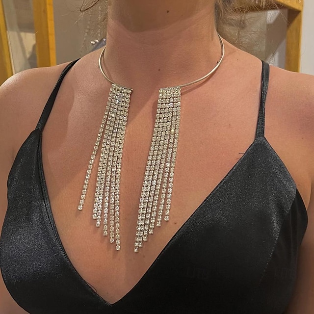  Choker Necklace Rhinestones Women's Luxury Tassel Tassel Fringe Wedding Round Necklace For Wedding Party