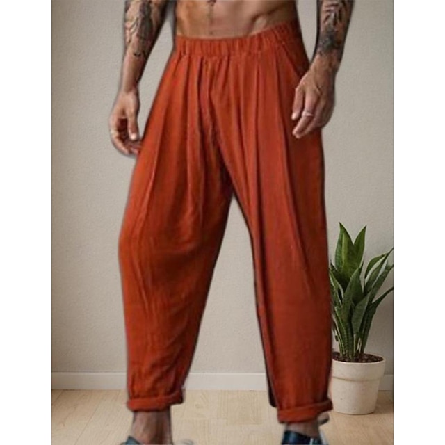  Voor heren Linnen broek Broek Zomerbroek Elastische taille Recht been Effen Kleur Comfort Ademend Volledige lengte Yoga Feestdagen Modieus Streetwear blauw Oranje Inelastisch