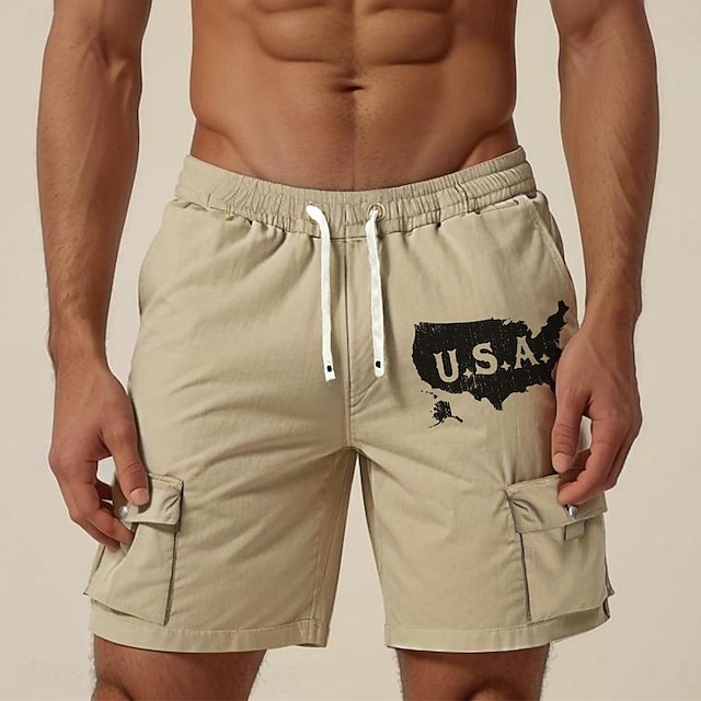  Herren-Cargoshorts mit Nationalflagge, leicht, mit mehreren Taschen, Kordelzug, elastischer Taille, tägliche Outdoor-Shorts