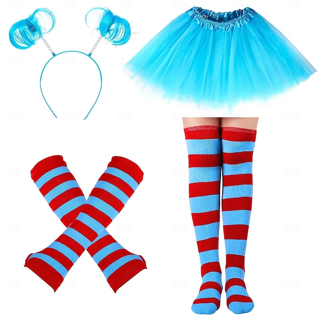  Katten i hatten Cosplay Thing One Ting to Cosplay kostume Handsker Sokker og Nylonstrømpe Dame Pige Film Cosplay Halloween Blå Halloween Karneval Barnets Dag Nederdel Handsker Sokker