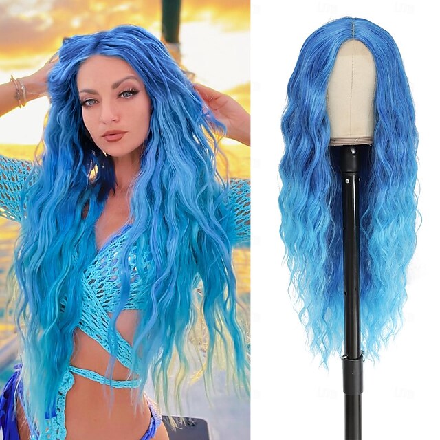  Perruques d'Halloween cosplay perruque longue bleue de 28 pouces perruque synthétique à partie centrale perruques réalistes de carnaval cadeaux pour fête usage quotidien perruques colorées bleues
