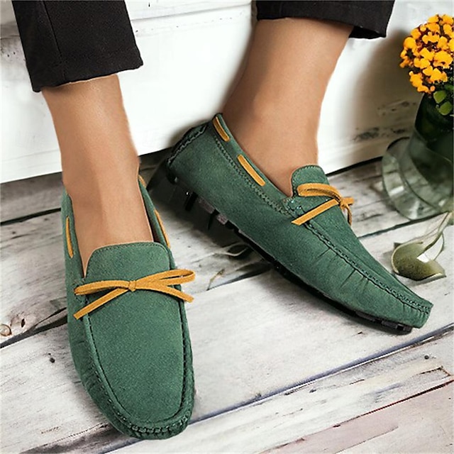  Men's Women's Flats Driving Shoes Plus Size Handmade Shoes Outdoor Work Daily Bowknot Flat Heel Round Toe Classic Casual Comfort Suede Loafer Black Navy Blue Green