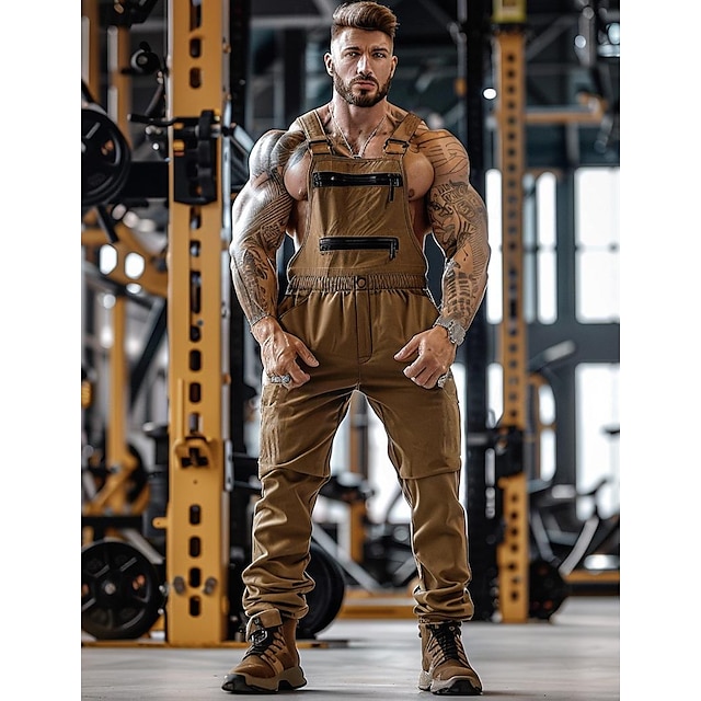  Men's Cargo Pants Trousers Suspender Pants Zipper Pocket Elastic Waist Plain Comfort Breathable Casual Daily Holiday Sports Fashion Army Green Brown