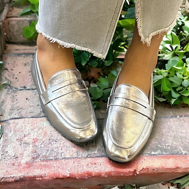  Women's Flats Plus Size Classic Loafers Soft Shoes Daily Flat Heel Round Toe Classic Casual Comfort Faux Leather Loafer Silver Almond Black