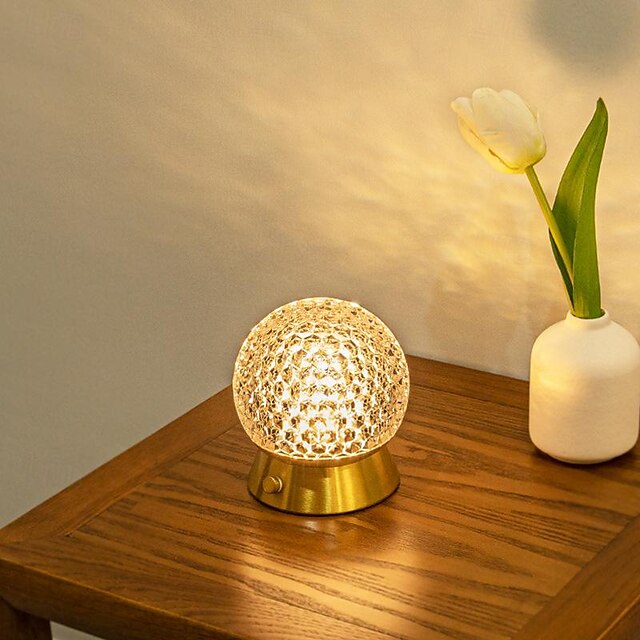  Crystal Ball Shaped Diamond Table Lamp Type-C Rechargeable Metal Night Light Decor Indoor Bedroom Bedside Restaurant Romantic Atmosphere Touch Stepless Dimming