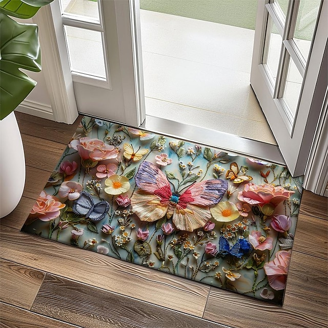  Felpudo bordado con flores de mariposa, alfombra antideslizante a prueba de aceite, alfombra para interiores y exteriores, decoración de dormitorio, alfombra de baño, alfombra de entrada, alfombra