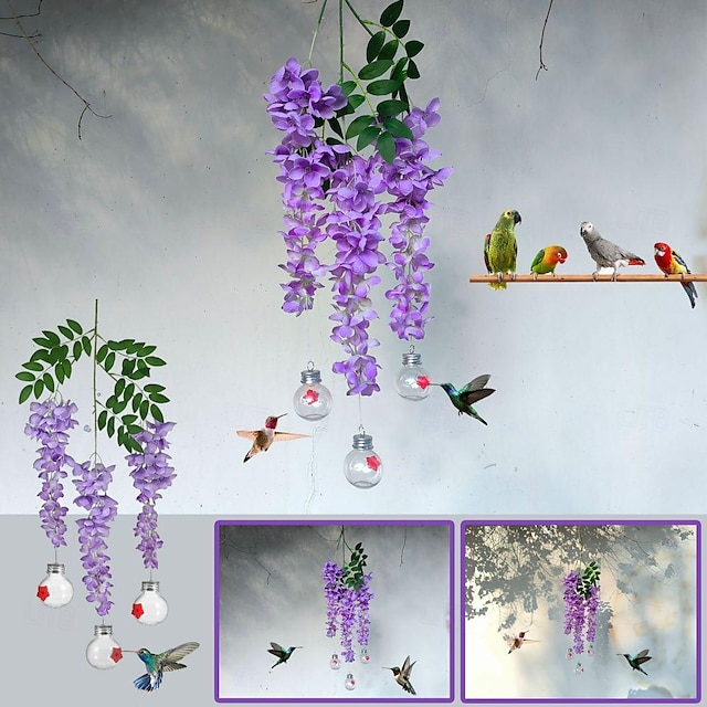  realistické krmítko pro ptáky z fialové fialky a vistárie, které je ideální pro přidání kouzla do vaší zahrady a zároveň poskytuje krmný ráj pro ptáky