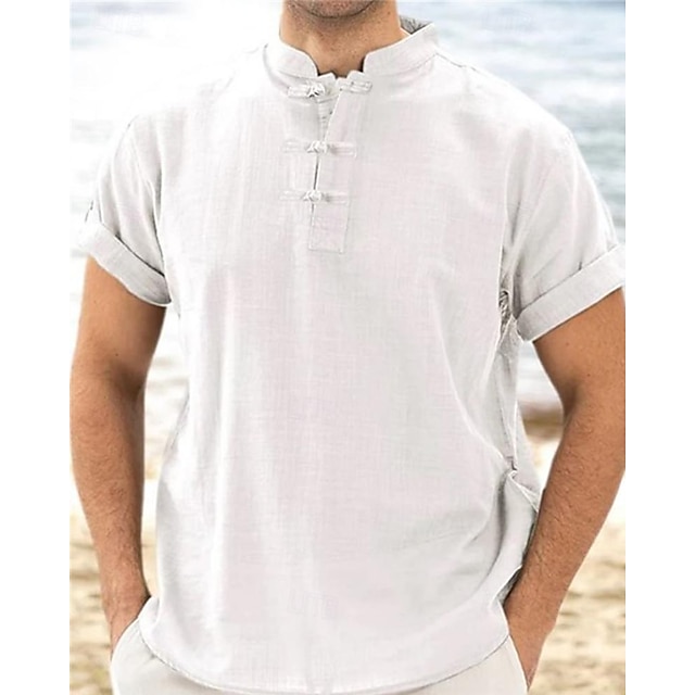  Hombre Camisa camisa de lino Camisa de lino de algodón Camisa casual Negro Blanco Marrón Manga Corta Plano Cuello alto Verano Hawaiano Festivos Ropa
