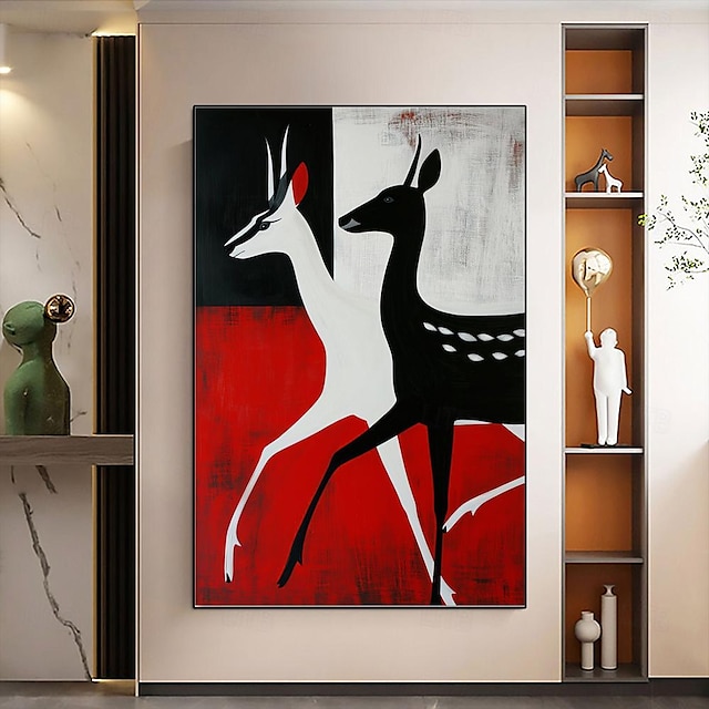  absztrakt őz festmény kézzel készített fekete fehér vörös állat szarvas vászon festmény fali művészet állat sziluett festmény fali művészet dekor minimalista őz vászon nappali lakberendezéshez
