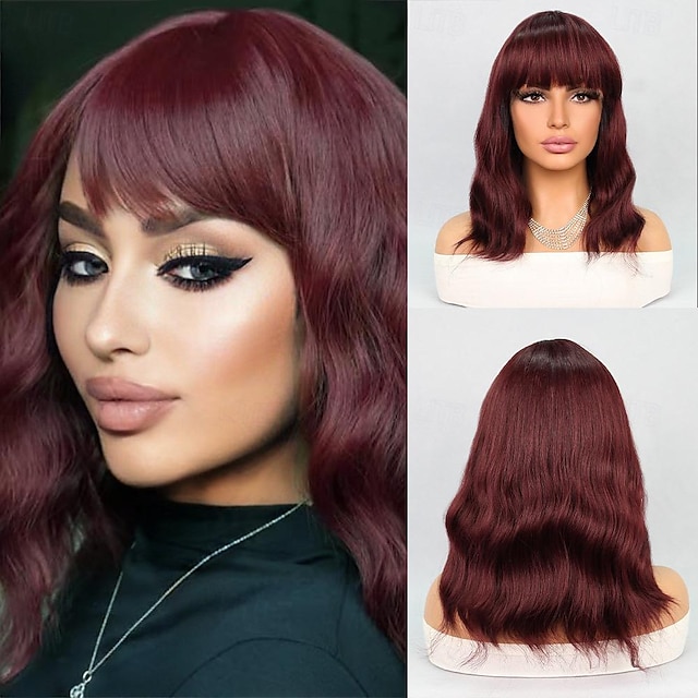  Συνθετικές Περούκες Φυσικό Κυματιστό Βαθύ Κύμα Κούρεμα καρέ Τέλειες αφέλειες Περούκα 16 χιλ Σκούρο κόκκινο Συνθετικά μαλλιά Γυναικεία Μπορντώ