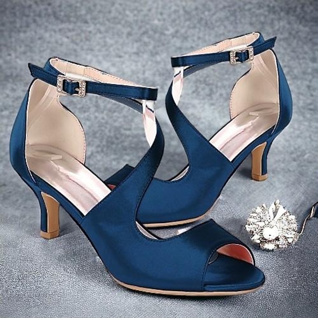  Pentru femei pantofi de nunta Pantofi de mireasa Cataramă Toc Mic Vârf deschis minimalism Satin Curea Gleznă Negru Alb Cristal