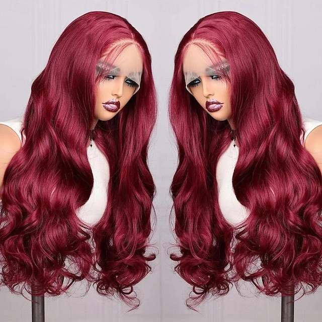  body wave 13x6 pitsi etuperuukki läpinäkyvät hiukset pitsi etuperuukki valmiiksi kynitty 99j viininpunainen peruukki värilliset hiukset peruukit