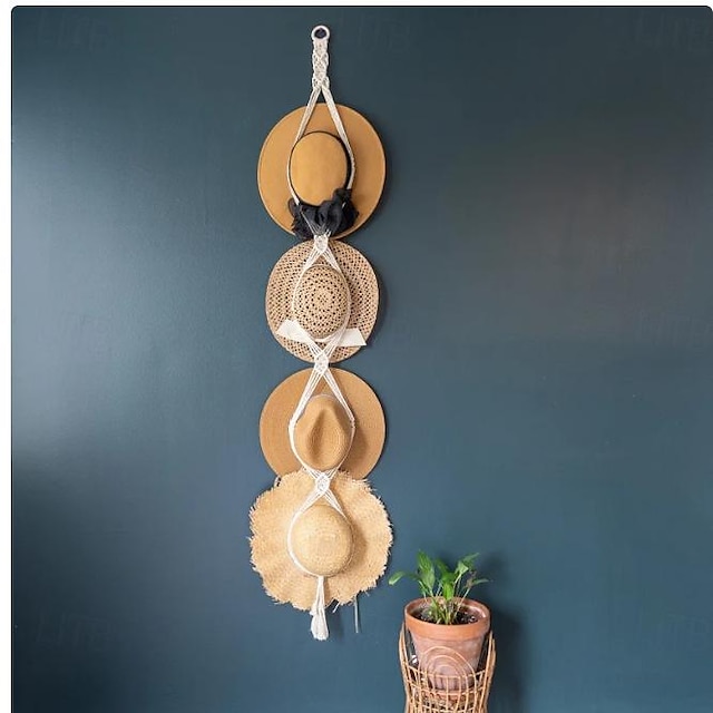  1pc Handmade Bohemian Hat Rack Multi-Layer Wall Hanging Storage for Hats and Tassels Bohemian Hat Rack Hat Storage Rack Handmade Rope Woven Multi-layer Wall Hanging Hat Tassel Decoration