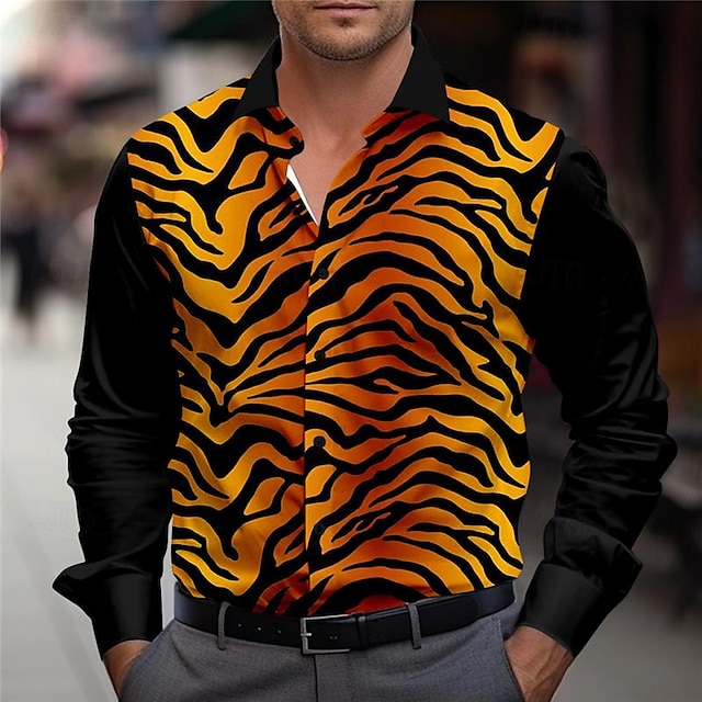  Leopard-Zebra-Druck, Herrenmode, lässig, 3D-gedrucktes Hemd, Outdoor, Straße, Urlaub, Frühling & Sommer-Turndown-Langarmhemd aus 4-Wege-Stretch-Stoff in Gelb-Orange, S, M, L