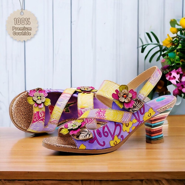  Pentru femei Tocuri Sandale Pantofi lucrați manual Pantofi de epocă Nuntă Petrecere Floral Toc Mic Elegant Vacanță Epocă Piele Panglică Mov