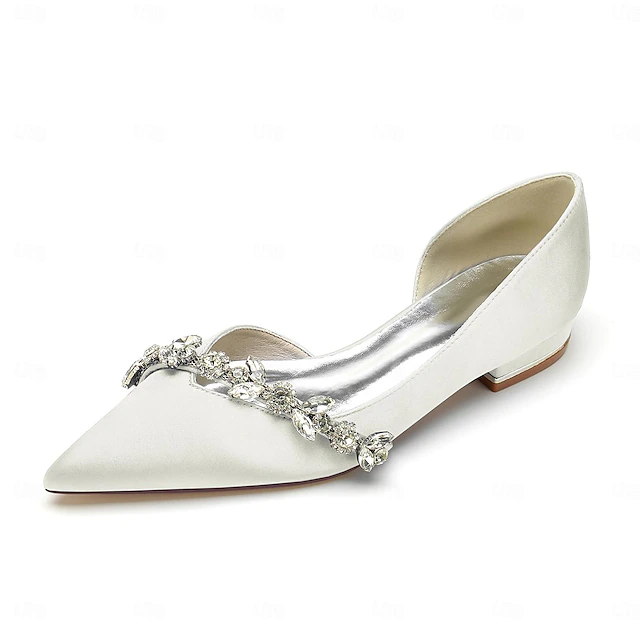 White Satin Flat Wedding Shoes with Pointed Toe and Crystal Floral Embellishment for Bridal Occasions 13